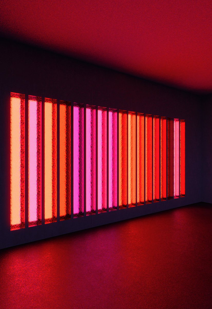 Created a light installation for the entrance of a new building: 17 mirrored modular elements with colored lights behind frosted glass, embedded flush into the concrete wall. I call it “Hot Lipstick.”