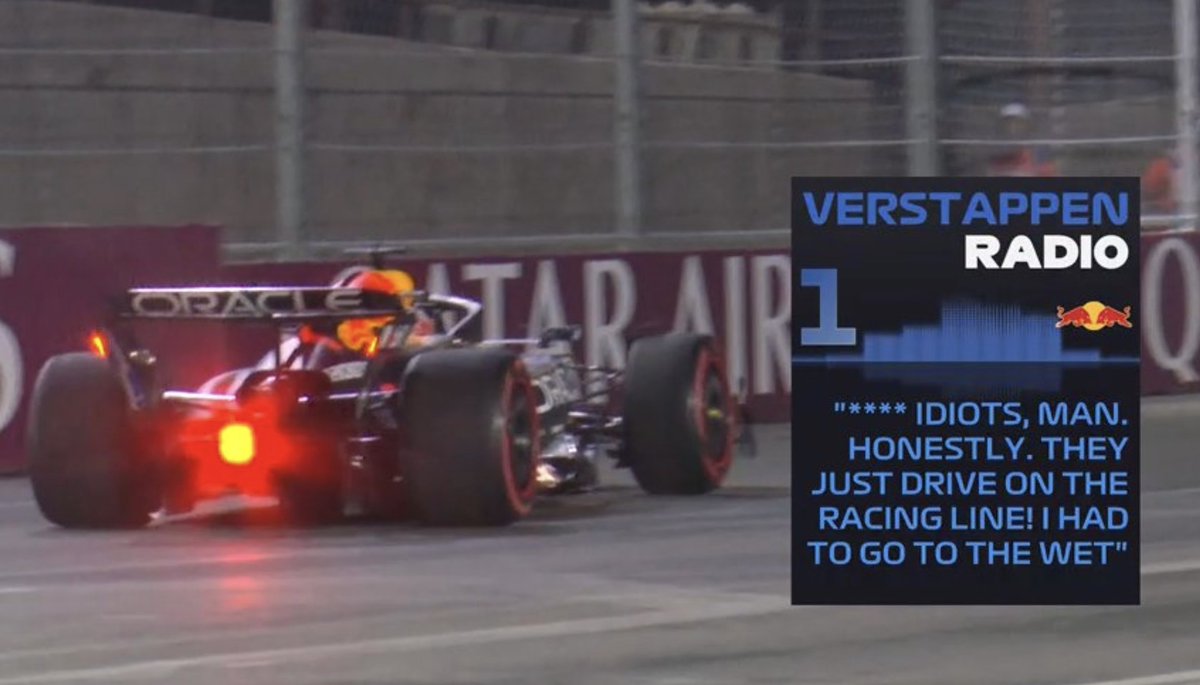 MV33Racing's tweet photo. Interesting wet/dry practice session. Max was flying on that final lap until he got held up and he was not amused 😂

If it's dry, Max looks seriously strong. But if it rains… I'm not so sure. https://t.co/V4tEVipaed