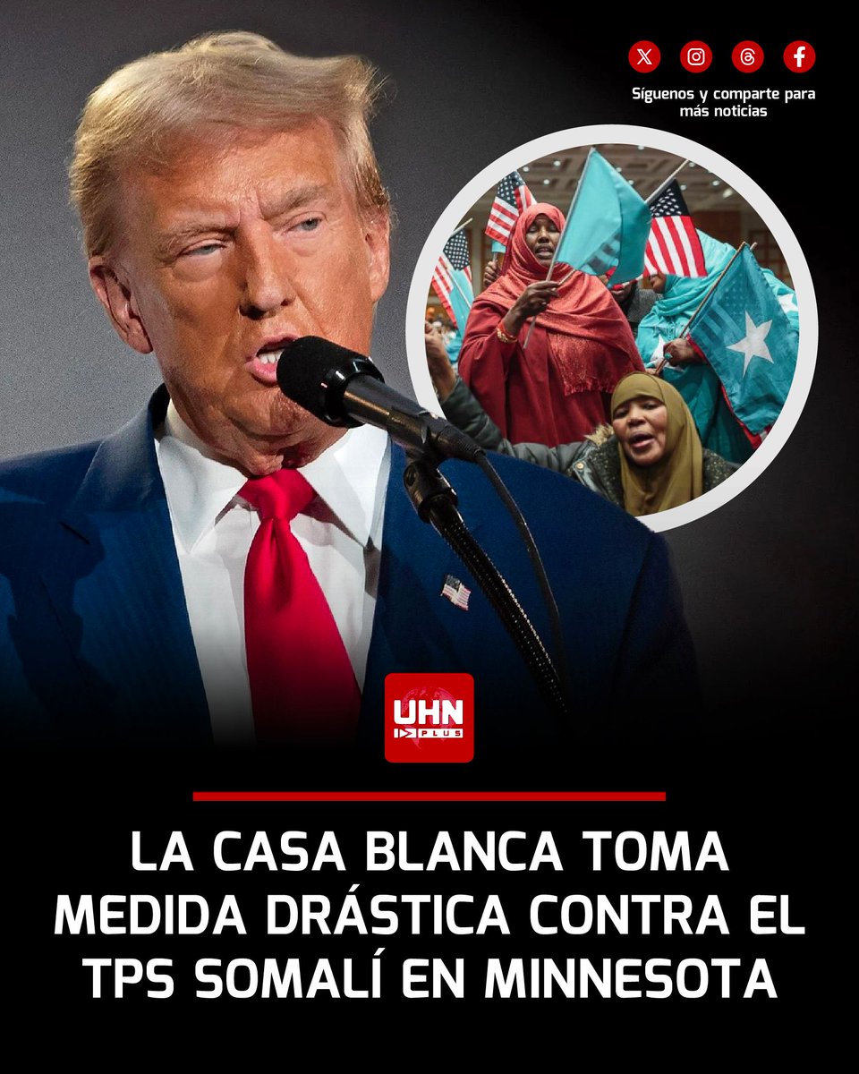 🇺🇸🇸🇴‼️ | ÚLTIMA HORA — El Presidente Donald Trump anunció que revoca de inmediato el Estatus de Protección Temporal (TPS) para la comunidad somalí en Minnesota, alegando que el estado enfrenta graves irregularidades financieras y presencia de pandillas.

El mensaje, dirigido al