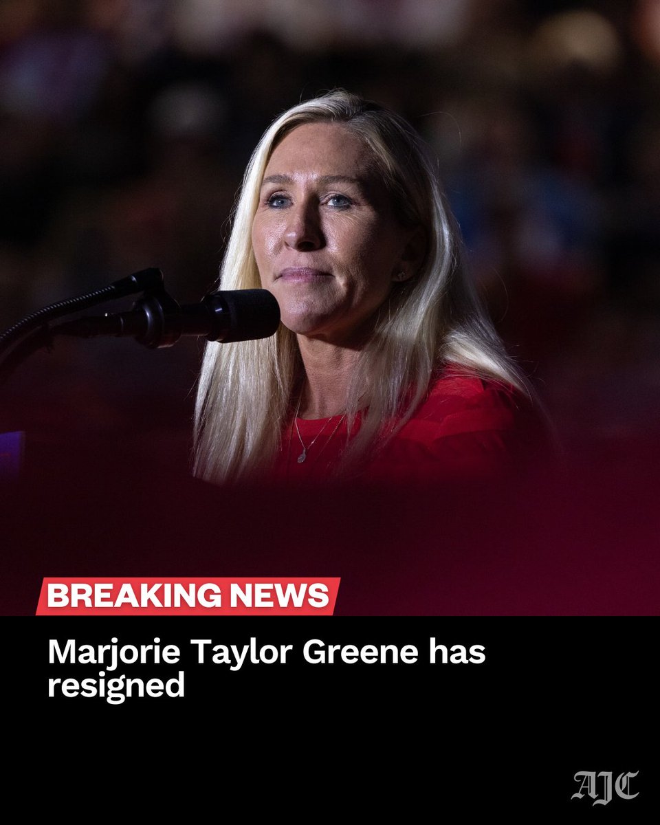 ajc's tweet image. #BREAKING: U.S. Rep. Marjorie Taylor Greene, who recently became the latest target of President Donald Trump’s ire, said she will resign from Congress after the new year. bit.ly/4oYqukT