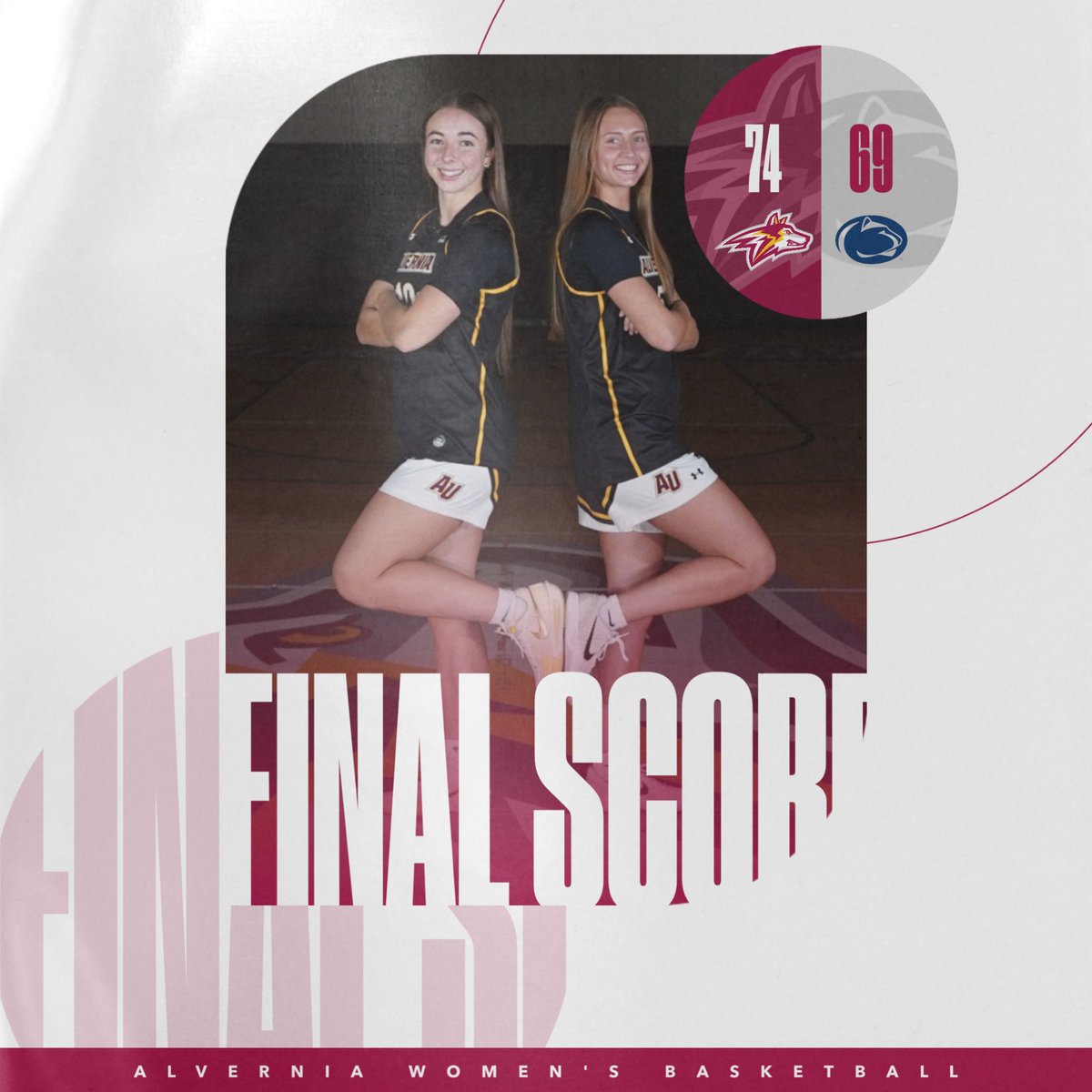 Alvernia wins 74-69 in OT. DeGout had a double-double w/ 20 pts, 12 rebs, 4 A &amp; a perfect 6-6 from the foul line. Woodson had 14 pts &amp; 8 Rebs. Reed came up big in overtime. Kyla scored 7 points in OT going 4-4 from the foul line &amp; hitting a big three. She finished w/ 12 pts &amp; 6 A