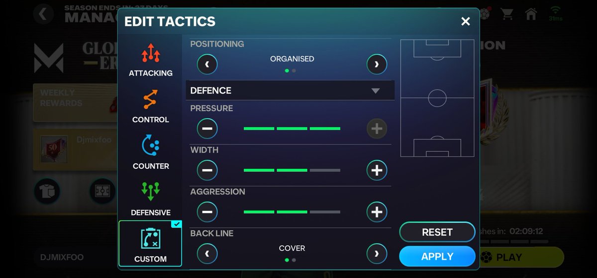 Current team and tactics for manager mode