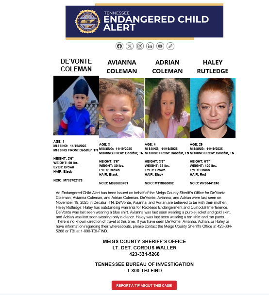 TBInvestigation's tweet image. MORE: Adrian Coleman was last seen wearing a diaper. De’Vonte Coleman Jr. was last seen wearing a blue shirt. Avianna Coleman was last seen wearing a purple jacket and gold skirt. Haley was last seen wearing a tan shirt and tan pants.

Spot them? Call 1-800-TBI-FIND!

3/X