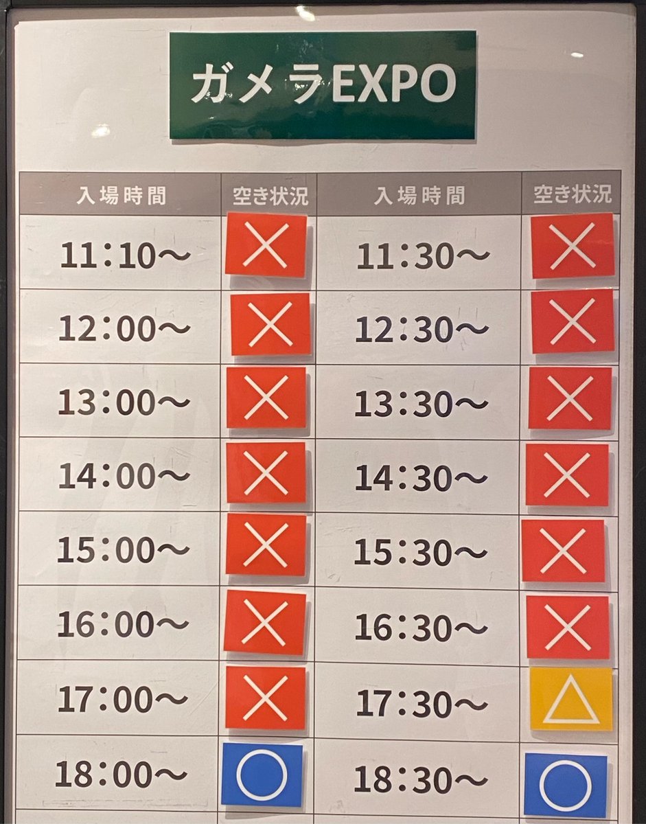 marui_yurakucho's tweet photo. 【「#ガメラEXPO」】  
《当日券情報》
本日11/22(土)当日券の空き状況になります。
当日券は会場受付にてお買い求めください。
※状況により、販売を終了する可能性があります。
HP⇒https://t.co/d9IJHxYhFA
#ガメラ #2025ガメラ60th https://t.co/fz8CnsBNSW