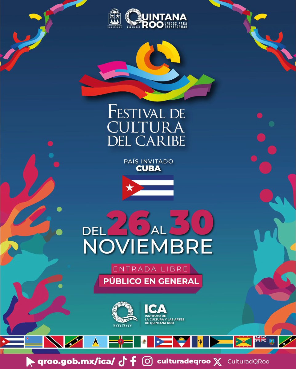 🎶🌴 Festival de Cultura del Caribe 2025 Del 26 al 30 de noviembre, vive en  Quintana Roo una semana de música, danza, arte y sabores con Cuba 🇨🇺 como  país invitado. 🎟️ Entrada libre 👥 Para todo público