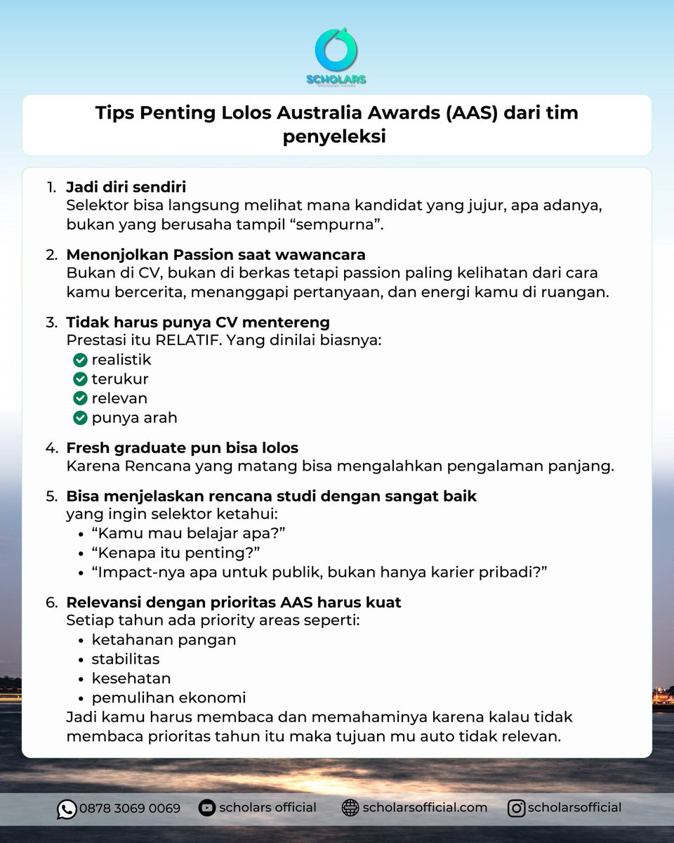 scholars_ig's tweet photo. Kemungkinan besar buka awal Februari 2026!
Ini dia tips lolos Beasiswa Penuh S2–S3 AAS langsung dari penerimanya. Siapkan diri dari sekarang biar peluangmu makin besar!
#beasiswaaas #australiaawards #beasiswas2 #beasiswas3 #studyaustralia #scholarshiptips #persiapanbeasiswa https://t.co/0Y8VdLoEVM