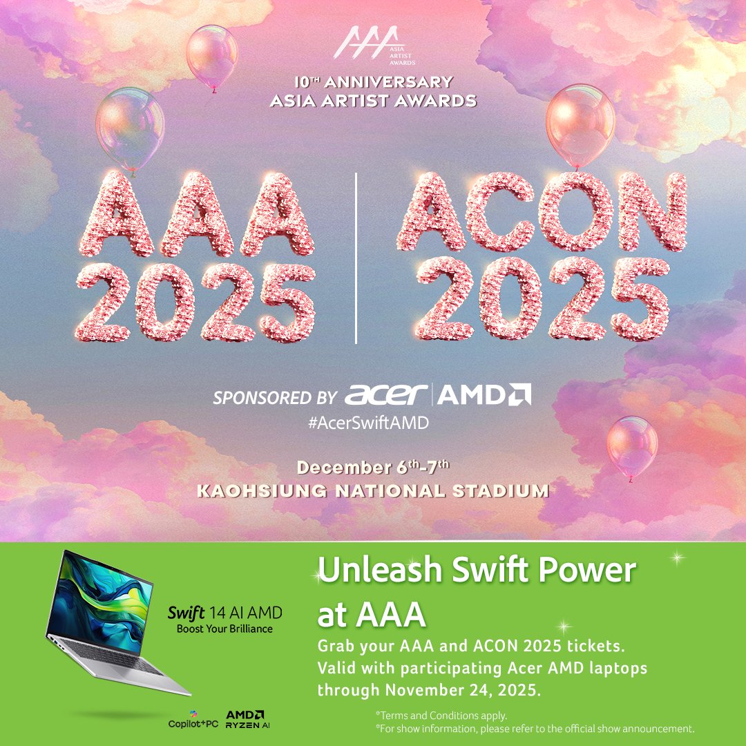 AcerPhils's tweet image. 🎶Unleash Swift Power at the Asia Artist Awards 2025!🎶

💻 Purchase any participating Swift 14 AI laptop starting today, and you could win exclusive tickets to #AAA2025 &amp;amp; #ACON2025!

💚 Powered by Acer Swift AMD
Don’t miss your chance — grab your Swift and join the excitement!…