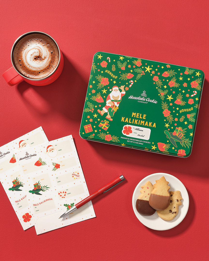 honolulucookie's tweet image. Add a personal touch to every gift this season! 🎁✨ Customize your wrapping with our Holiday To/From Labels, featuring 9 festive labels per sheet. Available now in-store or at honolulucookie.com! 🎄🍪