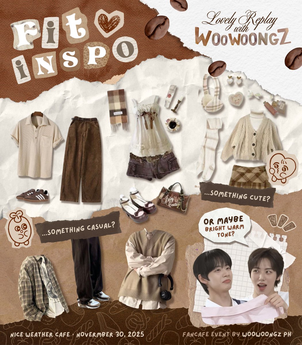 woowoongzph's tweet image. It&apos;s a 𝙇𝙤𝙫𝙚𝙡𝙮 𝙍𝙚𝙥𝙡𝙖𝙮 𝙬𝙞𝙩𝙝 𝙒𝙊𝙊𝙒𝙊𝙊𝙉𝙂𝙕 ☕
PH Fancafe Event by @woowoongzph

Sproutrockets, do you have your outfits ready for our coffee date? ☕
Here&apos;s our recommended fit inspo for the 30th! 🧥👗🤎

#LovelyReplayCSE
#JEONGWOO #서정우 #WOONGKI #차웅기