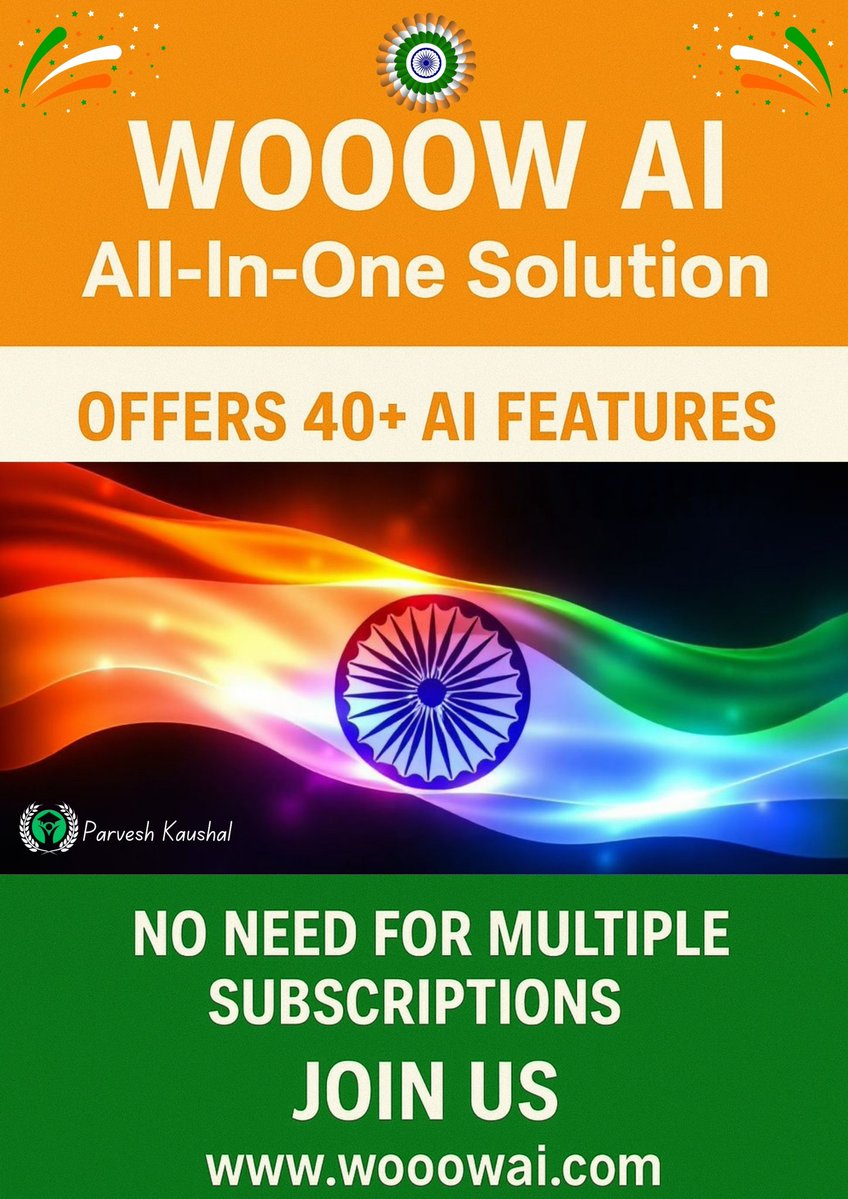 kaushal_parvesh's tweet image. WOOOW AI All-In-One Solution offers 40+ powerful AI features on a single platform, eliminating the need for multiple subscriptions and saving both time and cost.
🌐🇮🇳 Register FREE Now: wooowai.com/register?aff=Z…

#WooowAI #TGSPL #AatmanirbharBharat #IndianInnovation #DigitalIndia