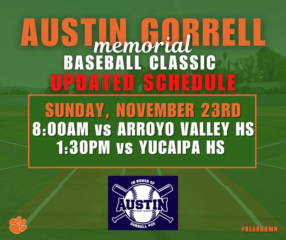 Due to the recent rains, here is the updated schedule for the <a href="/GorrellClassic/">AustinGorrellClassic</a> . Thank you to the Gorrell team for working hard to make this happen. See everyone on Sunday. #BearDown