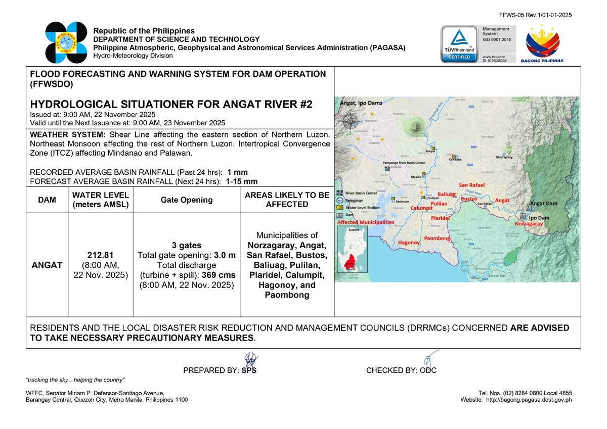 Hydrological Situationer #2 for Angat River
Issued at 9:00AM, 22 November 2025