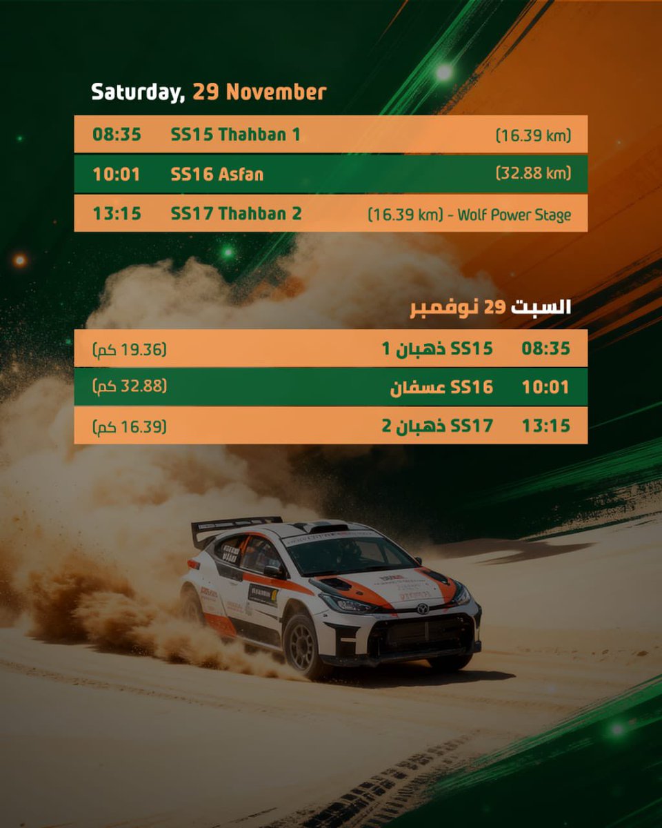 RallySaudi's tweet image. خطة المراحل واضحة، والحماس يرتفع مع كل يوم 🤩
تابع التفاصيل واستعد لحماس #رالي_السعودية بدعم جميل لرياضة المحركات🏁

The stages are set! 🤩
Follow the details and get ready for the thrill of the  #RallySaudiArabia powered by Jameel Motorsport 🏁
#WRC