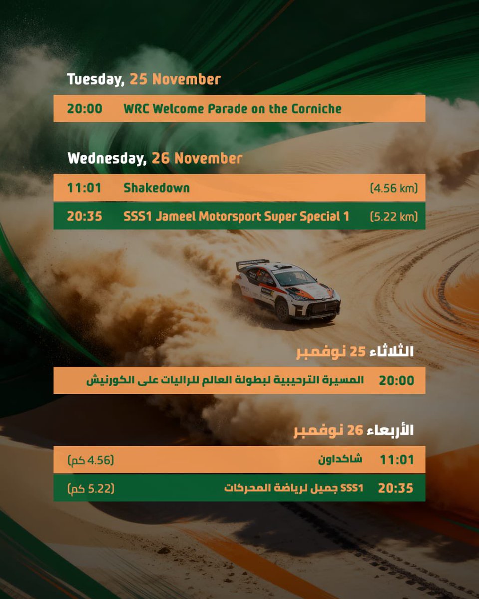 RallySaudi's tweet image. خطة المراحل واضحة، والحماس يرتفع مع كل يوم 🤩
تابع التفاصيل واستعد لحماس #رالي_السعودية بدعم جميل لرياضة المحركات🏁

The stages are set! 🤩
Follow the details and get ready for the thrill of the  #RallySaudiArabia powered by Jameel Motorsport 🏁
#WRC