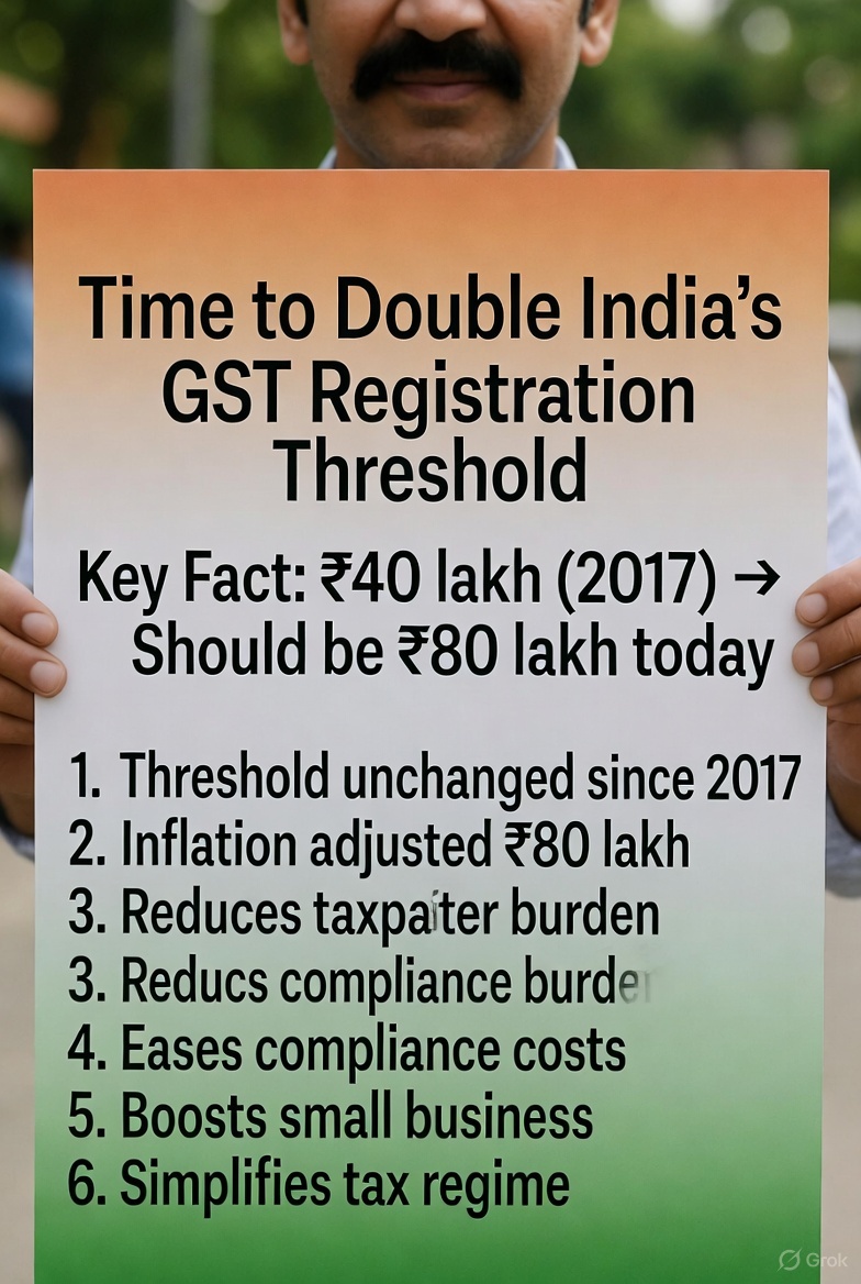 CA_VK_MUNDRA's tweet image. 1/7
India’s GST registration limit is stuck at ₹40 lakh for goods or  ₹20 lakh for services — the same number frozen in 2017.
Since then, prices jumped ~60% and nominal GDP nearly doubled.
A 2017 rulebook is choking 2025’s micro-businesses.
#GSTReform
