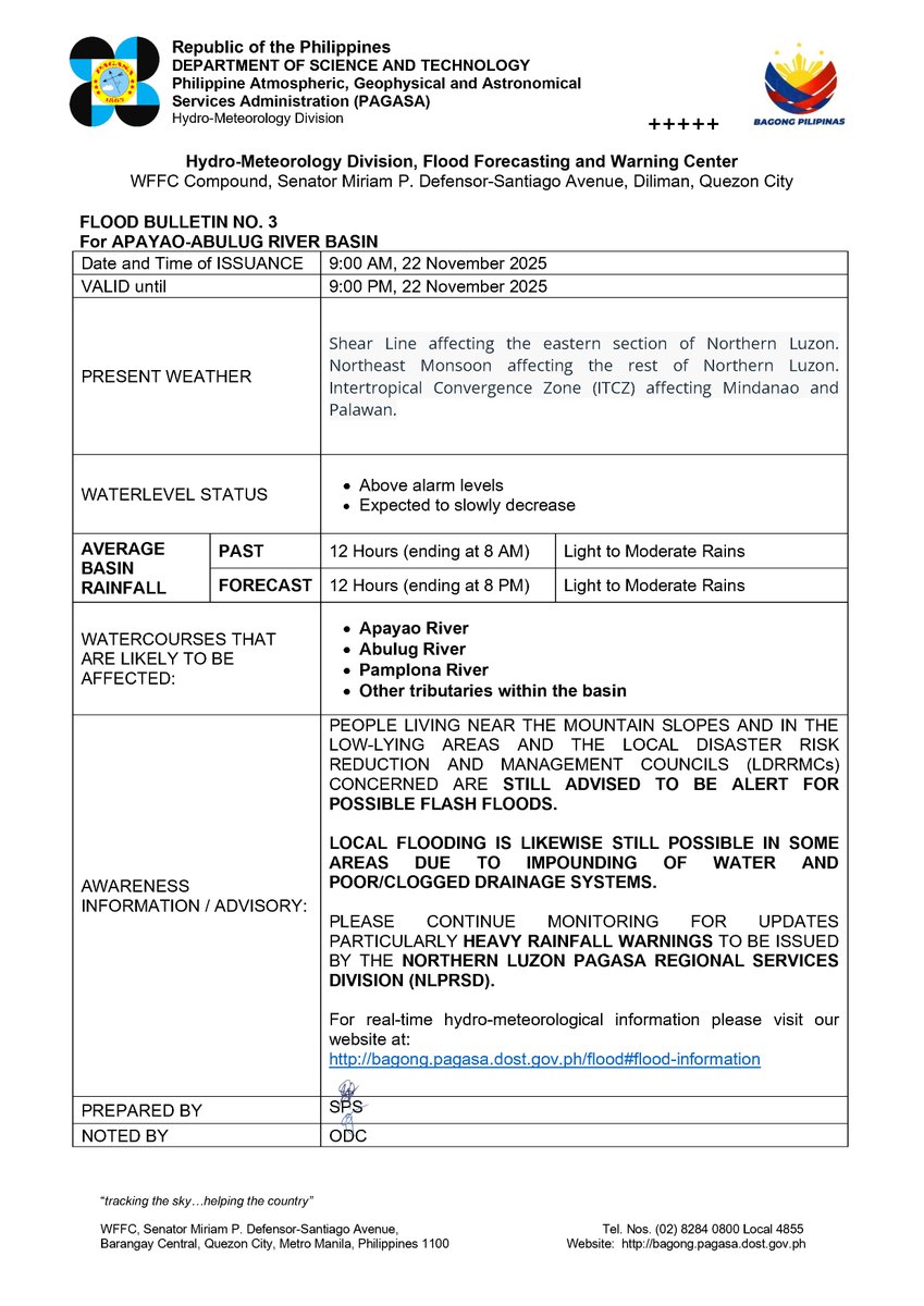Flood Bulletin #3 Apayao-Abulog River Basin
Issued @ 9AM, 22 November 2025