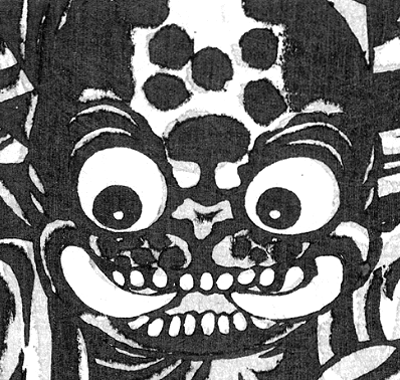 あたまに梅鉢の模様があるから、紋が梅鉢の筒井伊賀守ということに天保当時の記録類にはあるわけですが、果たしてクッキリ梅鉢なのかというと、そうでもないところが、あくまで大衆側がじょじょに設定しあっていったという情況と適合するふんわり加減ではあります。 