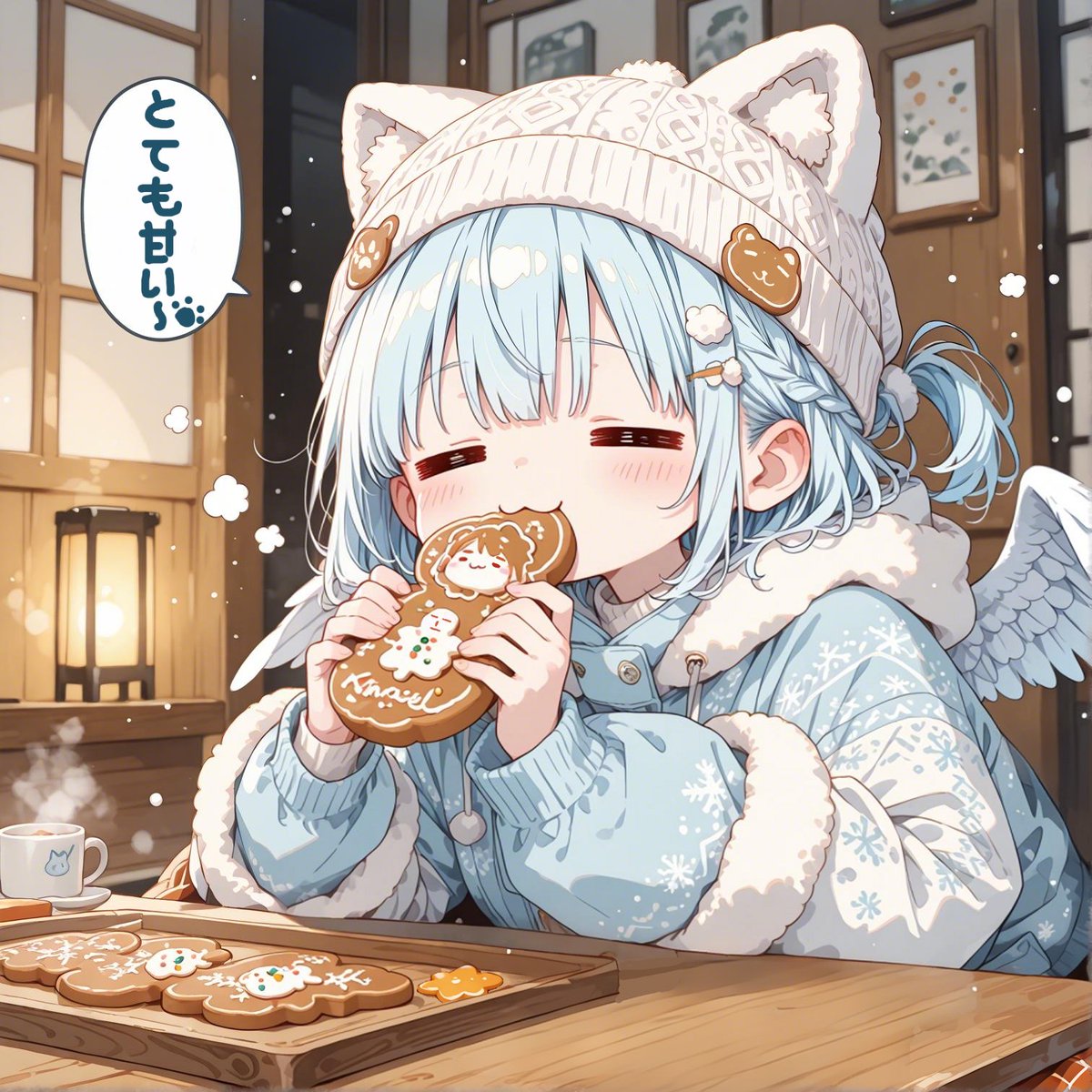 c02680900's tweet image. みんなおはよう～！💕  朝ごはんもう食べたかな～？
☕✨
コタツほんとに最強すぎる… 天使もコタツに潜り込んで、ぬくぬくふわふわ～ もう動きたくな～い🧣
 土曜日、最高の休日になりますようにっ！💕
  #AIイラスト #AIart