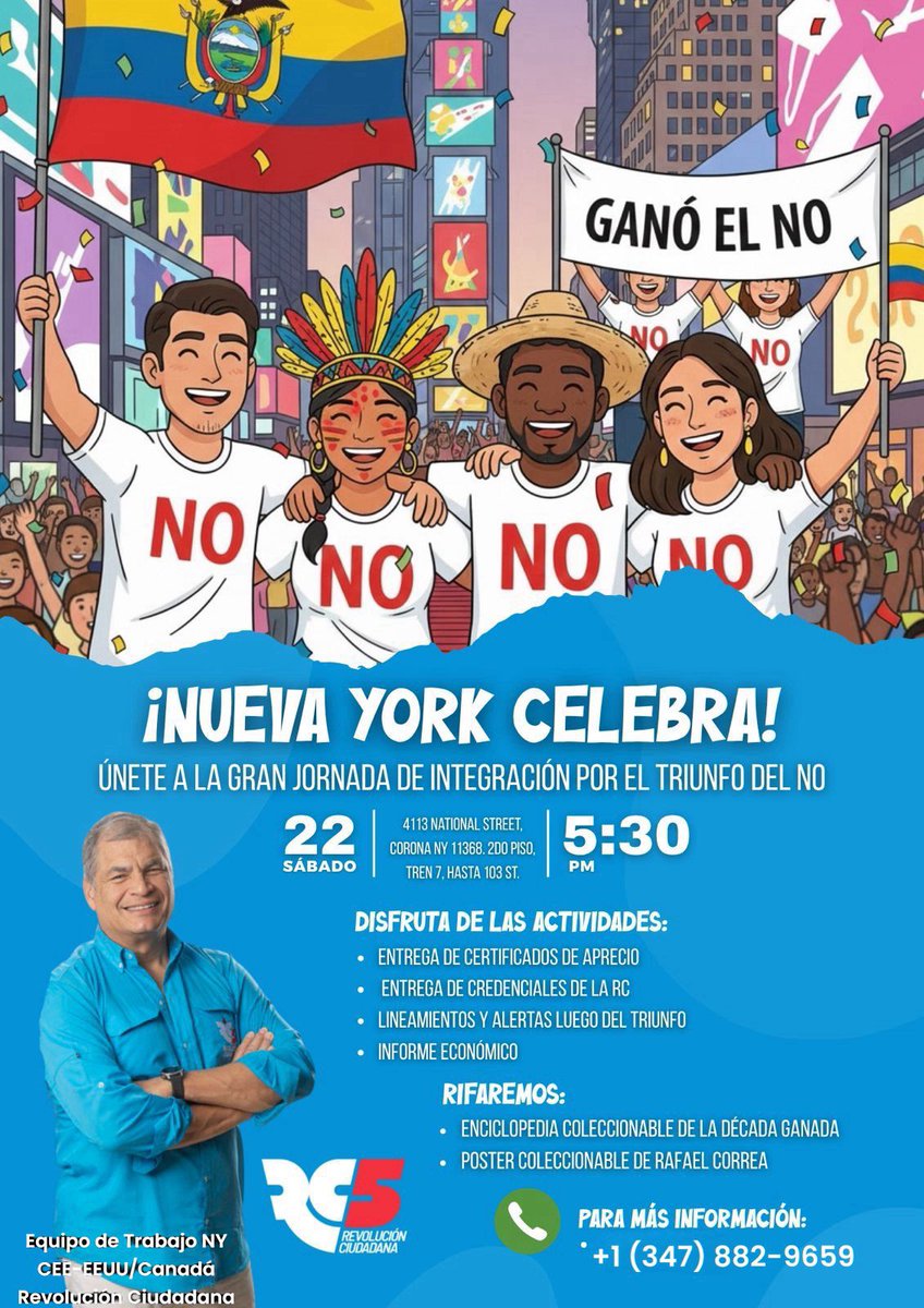 jorgemi123's tweet image. ¡Nueva York Celebra!
Únete a la Gran Jornada  de Integración por el Triunfo del NO🙋🏻‍♀️🙋🏻🎊🎸🍷🇪🇨 💪🏻💪🏻

Fecha: sábado 22 de noviembre/2025
Hora: 5:30 pm
Lugar: 4113 National Street,  NY, 11368

¡Ven y disfruta!:

* Entrega de Diplomas de Agradecimiento
* Entrega de credenciales de