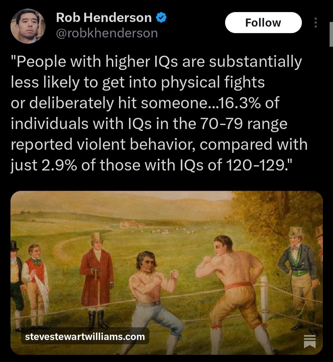Typically anodyne "insight" from the IQ stats crowd. This obviously depends on whether violence is rewarded by societal conditions or not. For most of history the smartest men often lived the most violent lives. Conditions change: many academics became gangsters in 90s Russia.