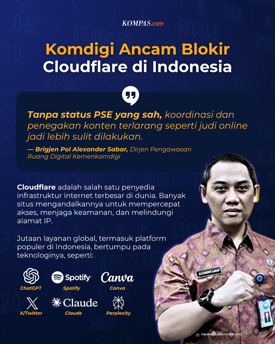 kompascom's tweet image. Komdigi memberi waktu 14 hari kepada Cloudflare untuk mendaftar sebagai PSE, jika tidak, layanannya terancam diblokir di Indonesia. 

Dirjen Pengawasan Ruang Digital Kemenkomdigi Brigjen Pol Alexander Sabar mengatakan penindakan konten terlarang seperti judi online menjadi lebih…