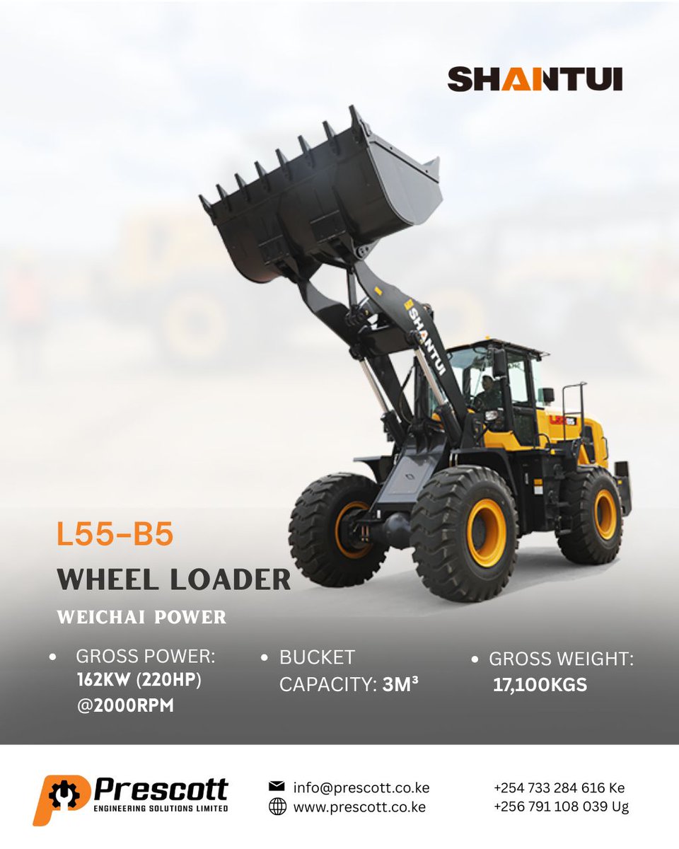 PrescottAfrica's tweet image. The L55-B5 Wheel Loader delivers serious power:
💠 162kW (220HP),
💠 17,100kg weight, 
💠 3³ bucket capacity.
Built for faster cycles, stronger performance and dependable output on any site.

#PrescottEngineering #WheelLoader #BuildKenya #BuildUganda  #Weichaipower