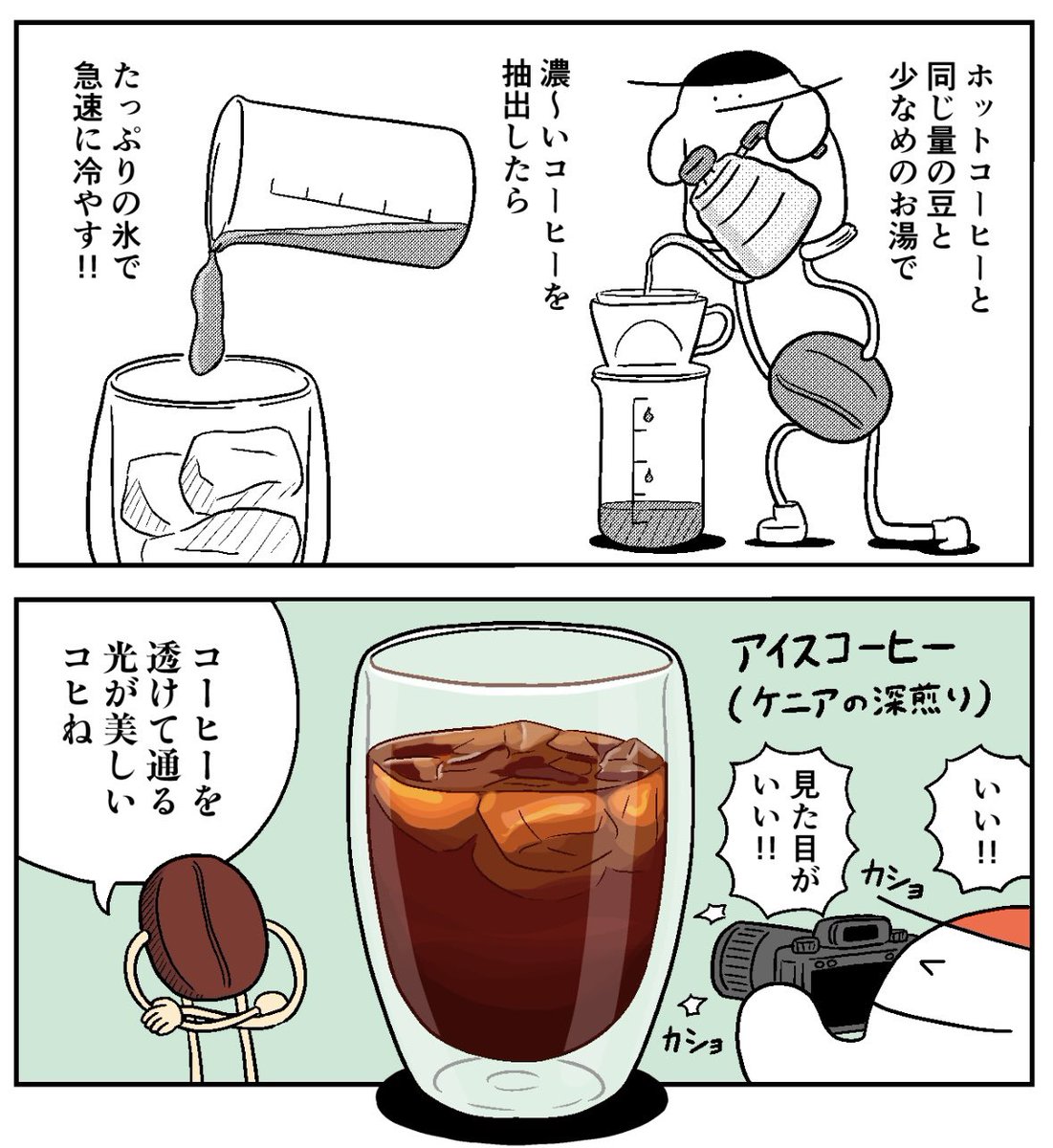 ①見た目が良いコーヒーを淹れる
②綺麗な写真を撮る(撮りコヒ)
③写真を見ながら描く
という作画方法でがんばって描いてます 