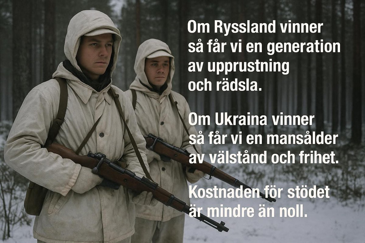 rospigge60559's tweet image. När Moskva anföll Finland 1939 stod Sverige för 20 % av Finlands alla vapen, hela deras moderna luftvärn, 8 000 frivilliga, vinterkläder, sjukvård och pengar.

Det sägs idag att stödet till Ukraina är &quot;dyrt&quot;. Det är fel.
Historien visar: kostnaden för att försvara frihet är…