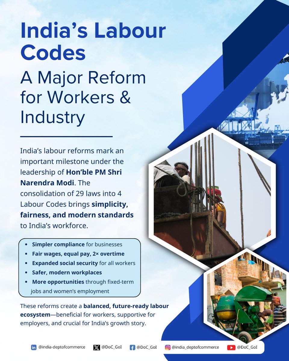 RajeshAgrawal94's tweet image. India’s Labour Codes mark a transformational shift. Under the leadership of Hon’ble Prime Minister Shri @narendramodi, these reforms strengthen worker welfare, industry productivity and will make our Export Sector more robust and vibrant.

#EoDB @PiyushGoyal @PIB_India @PMOIndia