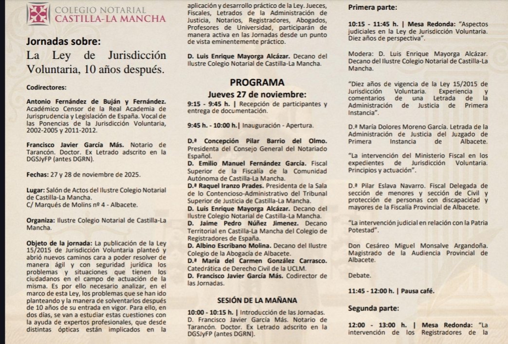 CNotarialCLM's tweet image. Recordatorio: Los días 27 y 28 de noviembre, el @CNotarialCLM  celebra en su sede de Albacete las jornadas “La Ley de Jurisdicción Voluntaria, 10 años después”. ⚖️
Inscripcionesa en: docs.google.com/forms/d/e/1FAI…