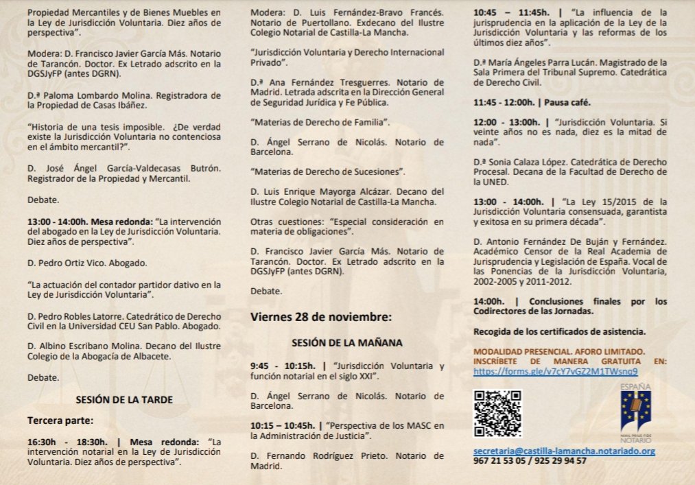 CNotarialCLM's tweet image. Recordatorio: Los días 27 y 28 de noviembre, el @CNotarialCLM  celebra en su sede de Albacete las jornadas “La Ley de Jurisdicción Voluntaria, 10 años después”. ⚖️
Inscripcionesa en: docs.google.com/forms/d/e/1FAI…