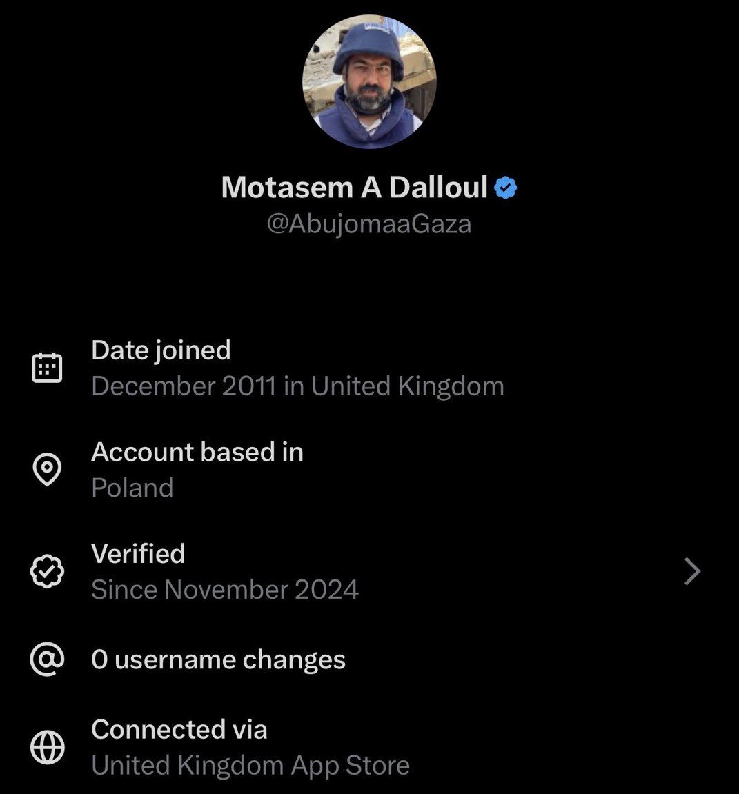 Uno de los “periodistas gazatíes” más conocidos de esta plataforma, <a href="/AbujomaaGaza/">Motasem A Dalloul</a>, resultó estar publicando desde… Polonia.

Doscientos mil seguidores pendientes de cada palabra de este fraude.

Increíble.

Crédito: <a href="/strxwmxn/">Strxwmxn</a>