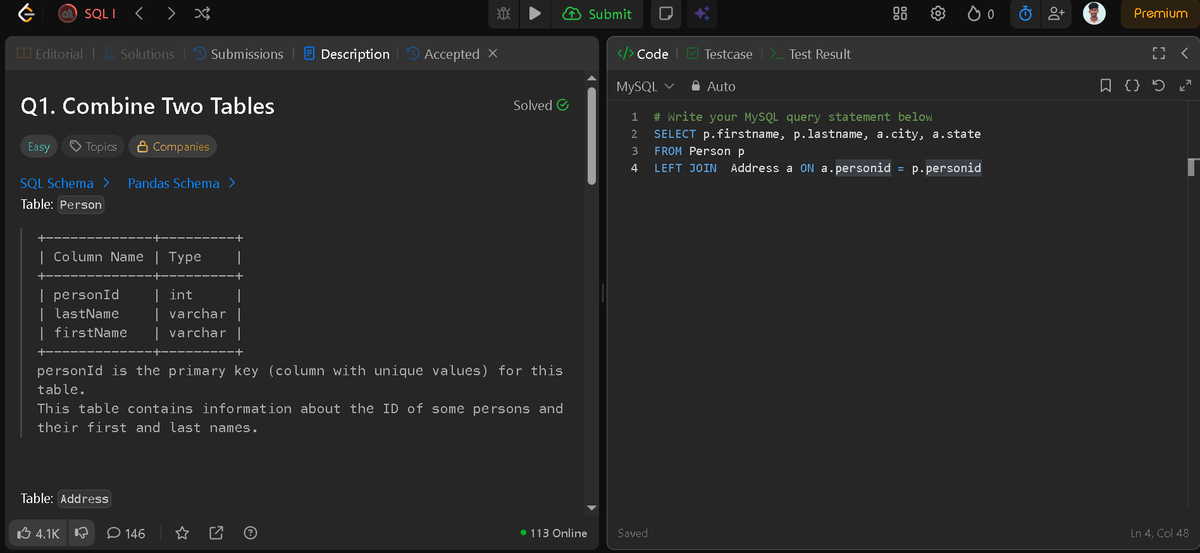DilipKumar2410's tweet photo. Solved today in SQL: Combine Two Tables

Every query executed is a step closer to cleaner data and stronger logic.                                                           

#SQL #Database #100DaysOfSQL #DataSkills #LeetCode https://t.co/xbO1Xmos4Q