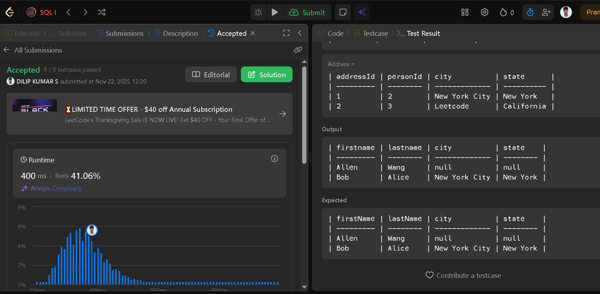DilipKumar2410's tweet photo. Solved today in SQL: Combine Two Tables

Every query executed is a step closer to cleaner data and stronger logic.                                                           

#SQL #Database #100DaysOfSQL #DataSkills #LeetCode https://t.co/xbO1Xmos4Q
