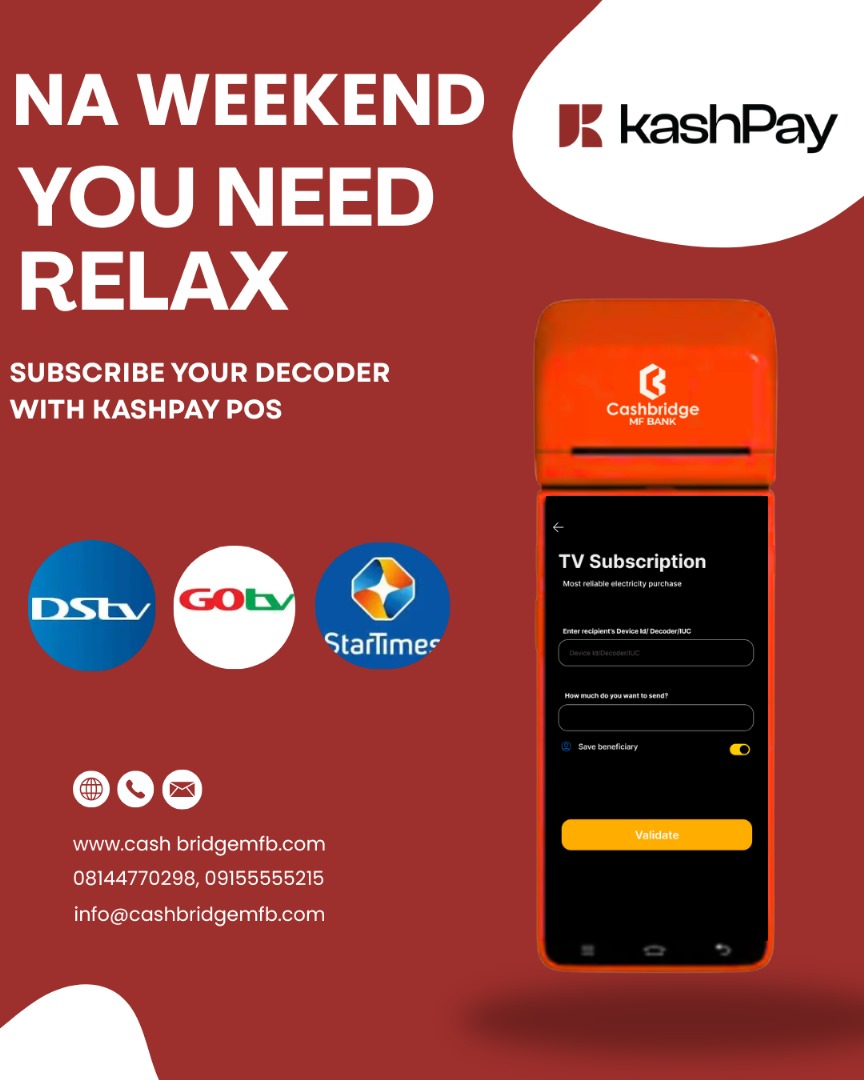 cashbridge_mfb's tweet image. Weekend vibes activated! 
Don’t let your TV go off when the fun is just starting. Renew your TV subscription instantly with KashPay POS and enjoy smooth, uninterrupted entertainment all weekend long!

#KashPayPOS #CashbridgeMFBank #WeekendVibes #TVSubscription #StayConnected