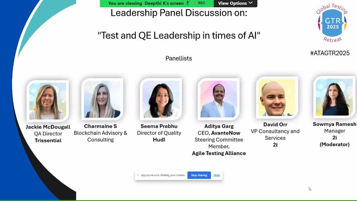 TestingRetreat's tweet image. Day 1 Panel Discussion 1:Test and QE Leadership in Times of AI.
Moderator: Sowmya Ramesh
 Panelists: Jackie , Charmaine ,Seema ,Aditya ,David 
#ATAGTR2025 #10th_Edition #VIRTUALCONFDAYS #WSA
@AgileTAlliance
@adigindia
@Tietoevry
@QAMENTOR1
@SelectorsHub
@TheTestChat
@WS_Audiology