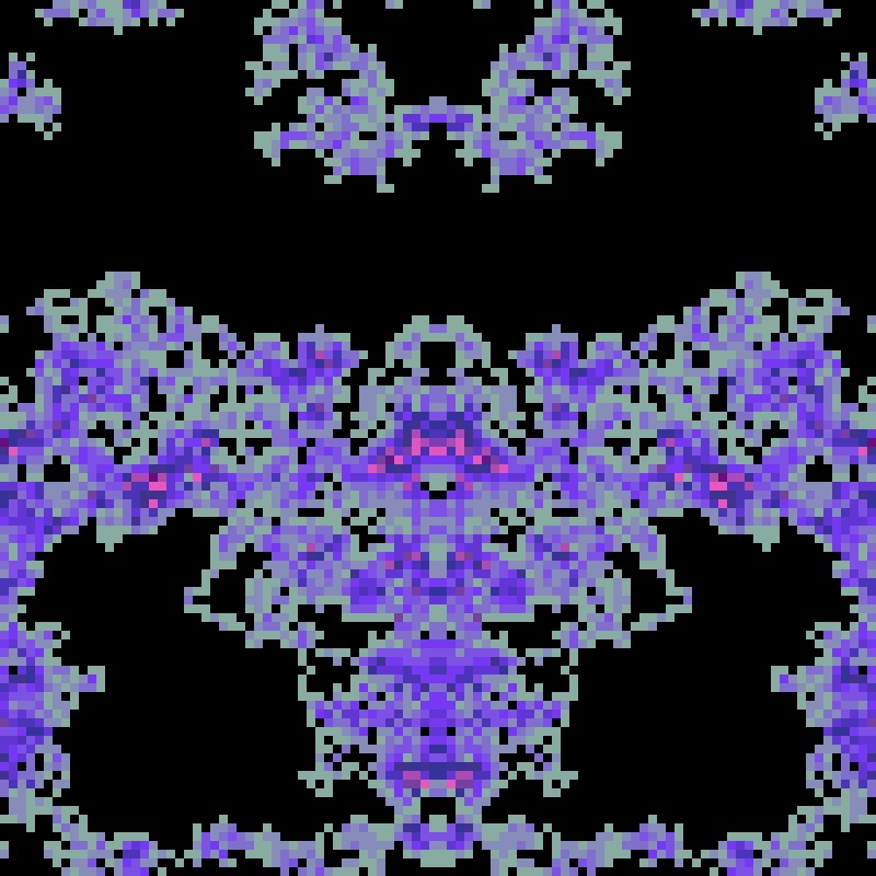 PatternRandom's tweet image. Low-res mirrored palettewalk
iterations=6912,levels=19,seed=1909069771,cols=6,c1=88aba2,c2=7939f6,c3=2a2f8a,c4=fa5ec1,c5=3f2dad,c6=770563