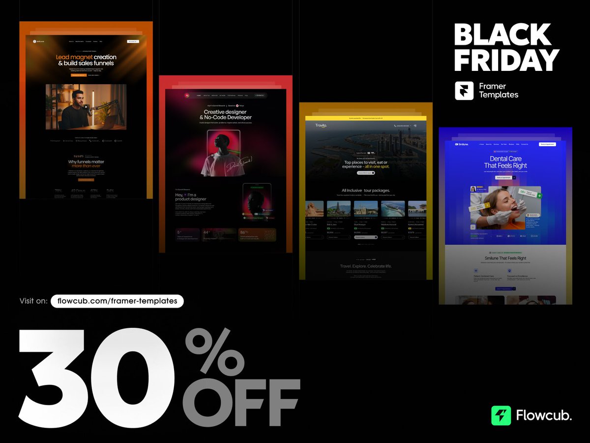 flowcub's tweet image. 🚀 Flowcub Black Friday Sale is LIVE!

Get 30% OFF all Framer templates — build faster, launch sooner, save more.

Use code BLACKFRIDAY25 at checkout.
Sale ends Nov 30.

🔗 flowcub.com/framer-templat…

🎁 Don’t miss it!