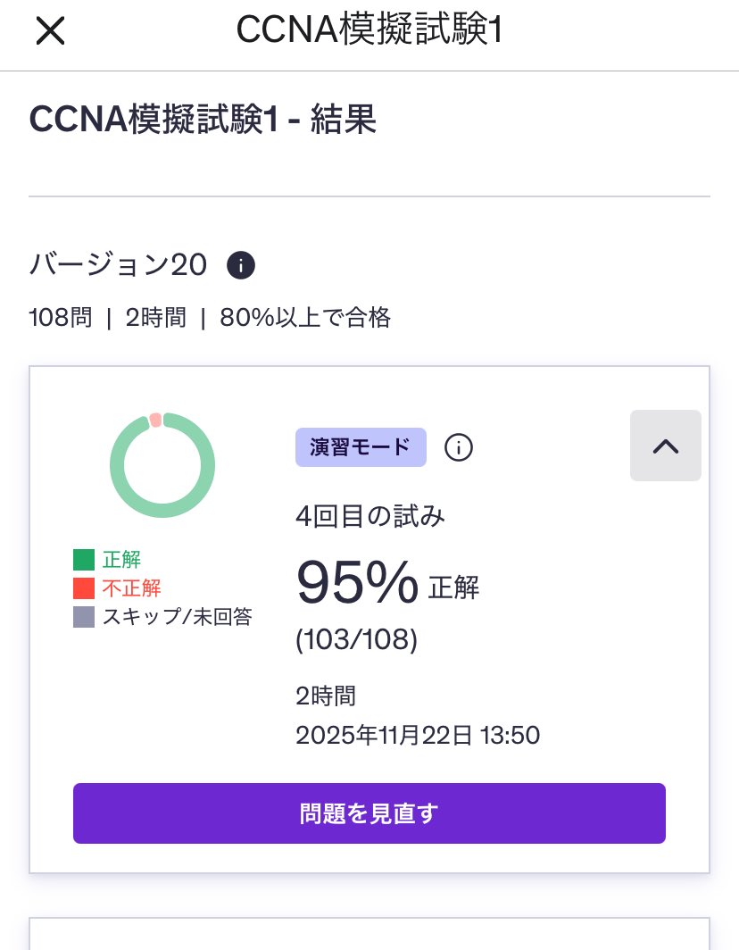 it_benk's tweet image. Udemy模擬試験95% 
多分問題の答え間違ってるから実質96% #CCNA