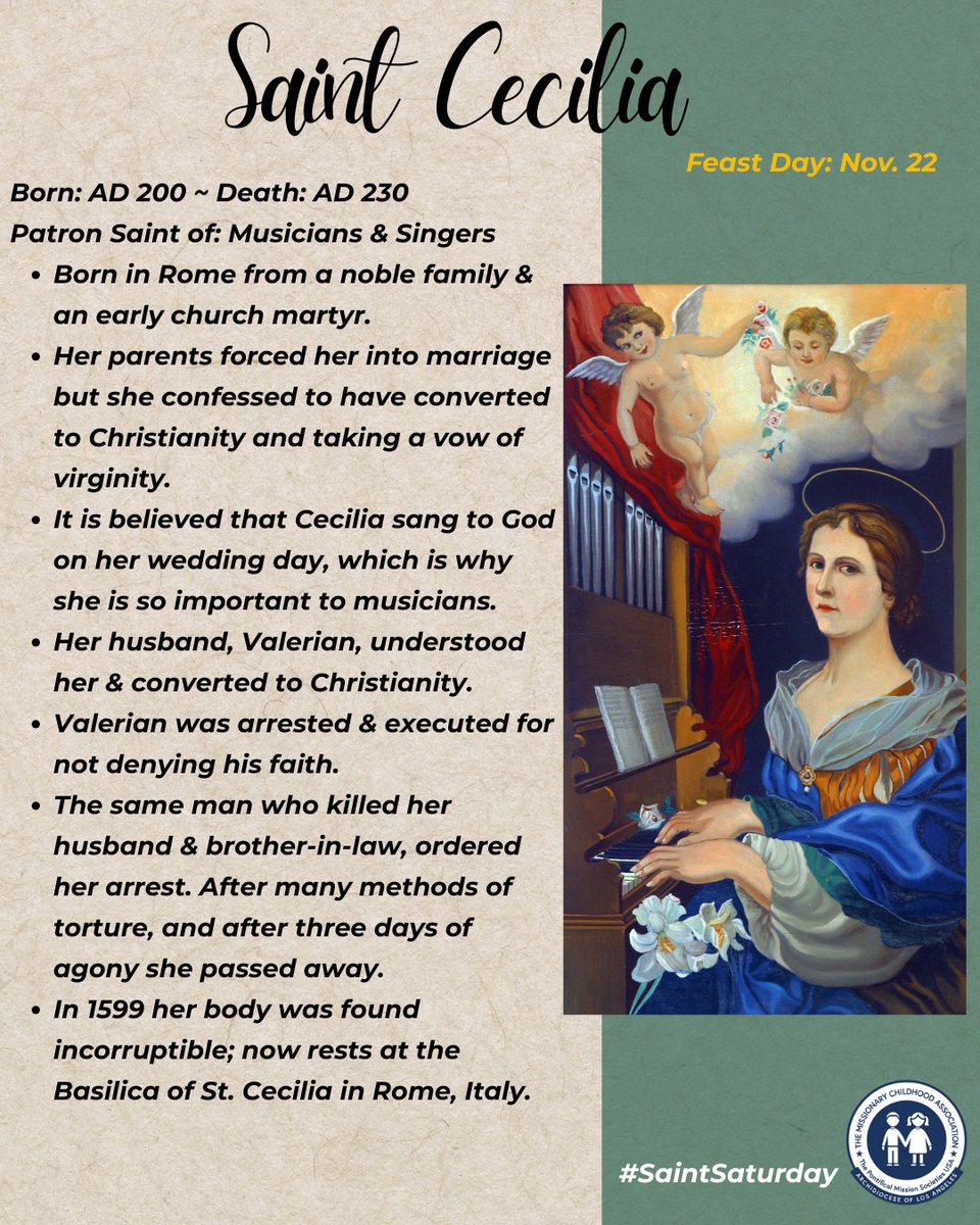 MissionOfficeLA's tweet image. #SabadoDeSantos honra a Sta. Cecilia, patrona de músicos y cantantes. Tuvo que casarse, aunque había hecho voto de virginidad, pero usó la música para comunicarse con Dios. Fue ejecutada por defender su fe, pero enseño que la música es una forma de honrar y amar a Dios #TPMS #MCA