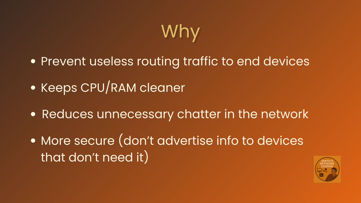 SmithsNetLounge's tweet image. What’s a passive interface?
It stops sending routing updates but still learns them, perfect for ports going to end devices.

Benefits: cleaner routing, less CPU use, tighter security.
Save this for your next lab.

#networking #ccna #cisco #networkengineer #learnnetworking
