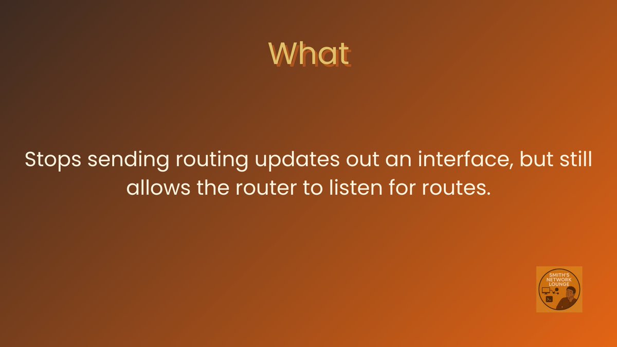 SmithsNetLounge's tweet image. What’s a passive interface?
It stops sending routing updates but still learns them, perfect for ports going to end devices.

Benefits: cleaner routing, less CPU use, tighter security.
Save this for your next lab.

#networking #ccna #cisco #networkengineer #learnnetworking