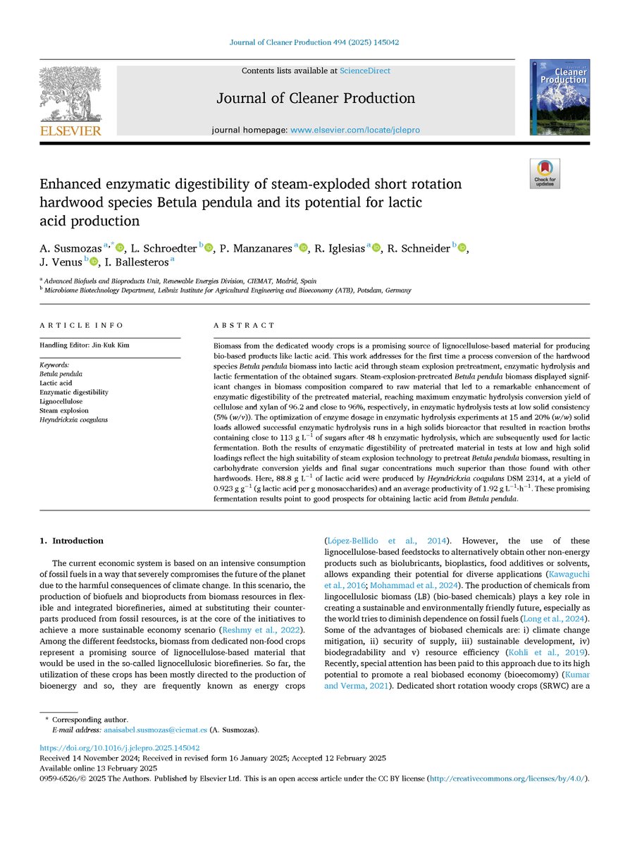 CBE_JU's tweet image. New #CBEresearch from the CBE JU-funded BeonNAT project shows Betula pendula can deliver high sugar yields and lactic acid titres near 89 g/L with no detoxification. A promising new hardwood #feedstock for #biobased production.

🔗 sciencedirect.com/science/articl…
