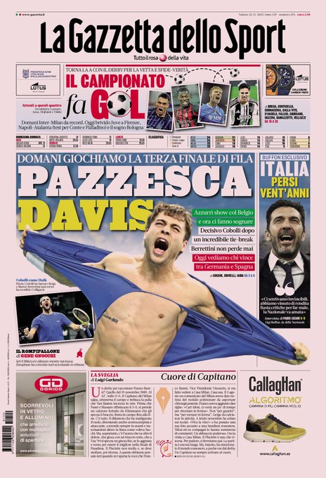 Front Page La Gazzetta dello Sport, Saturday 22 November 2025
