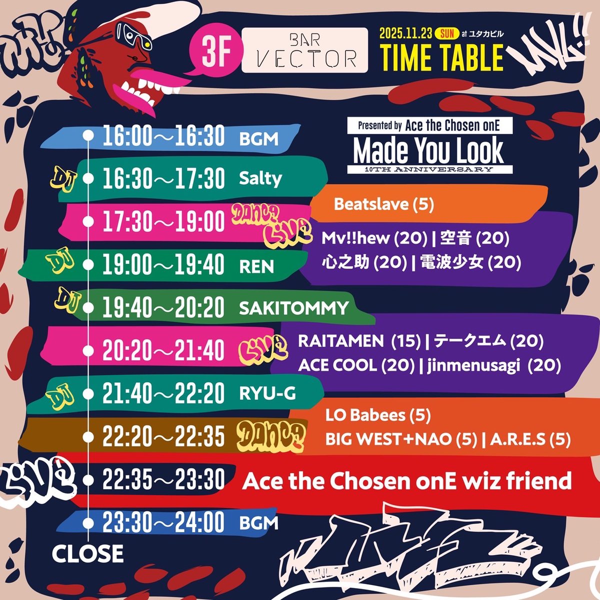 明日はこちらのイベントに出演させていただきます🪩
是非ご来場お待ちしております！

『Made You Look 10th Anniversary』 

▼日時
2025年11月23日（日）
Open 16:00

▼会場
名古屋ユタカビル

▼Ticket
前売 ¥5,000+1DRINK
passmarket.yahoo.co.jp/event/show/det…