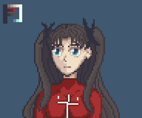tomboy_lover967's tweet photo. First FE style portrait of Rin Tohsaka. Unfortunately, I proportioned the head a tiny bit smaller than normal GBA FE style mugs... will need to get better with sizing on the next portrait.
Will post my progression for this one later.
#RinTohsaka #pixelart #feportrait https://t.co/kEani8nkN8