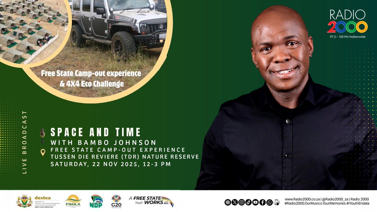 Radio2000_ZA's tweet image. Catch Bambo Johnson, the most expensive lips on radio 📻 #SpaceAndTime standing in for Paul Mnisi live from Tussen Die Reviere Nature Reserve for the Free State Camp-Out Experience &amp;amp; 4X4 Eco Challenge. 

#DESTEA 
#RADIO2000