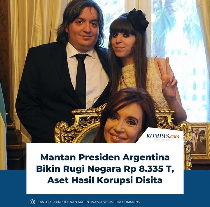 Pengadilan federal Argentina memerintahkan penyitaan 20 properti milik mantan Presiden Cristina Fernandez de Kirchner dan dua anaknya, Maximo serta Florencia. 

Langkah itu bertujuan memulihkan kerugian negara sekitar 500 juta dollar AS atau sekitar Rp 8.335 triliun.
