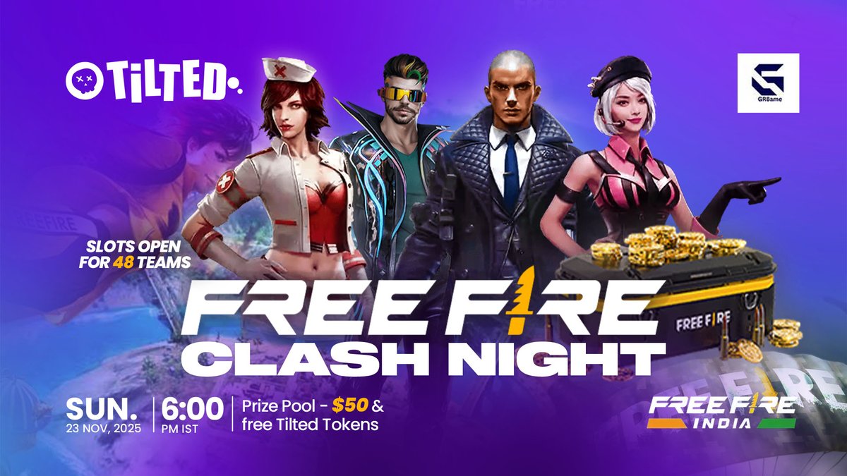 tiltedxyz's tweet image. 🔥 TILTED X GR8AME — FREE FIRE CLASH NIGHT (WEEKLY!) 🔥

Gear up, squads — it’s time for another Free Fire MAX showdown powered by Tilted &amp;amp; GR8AME!

96+ teams. One arena. One champion. Let’s clash. 💥

Registration Date: Saturday, 22 Nov

⏰ Time: 1:30 PM IST

Game Night Date:…