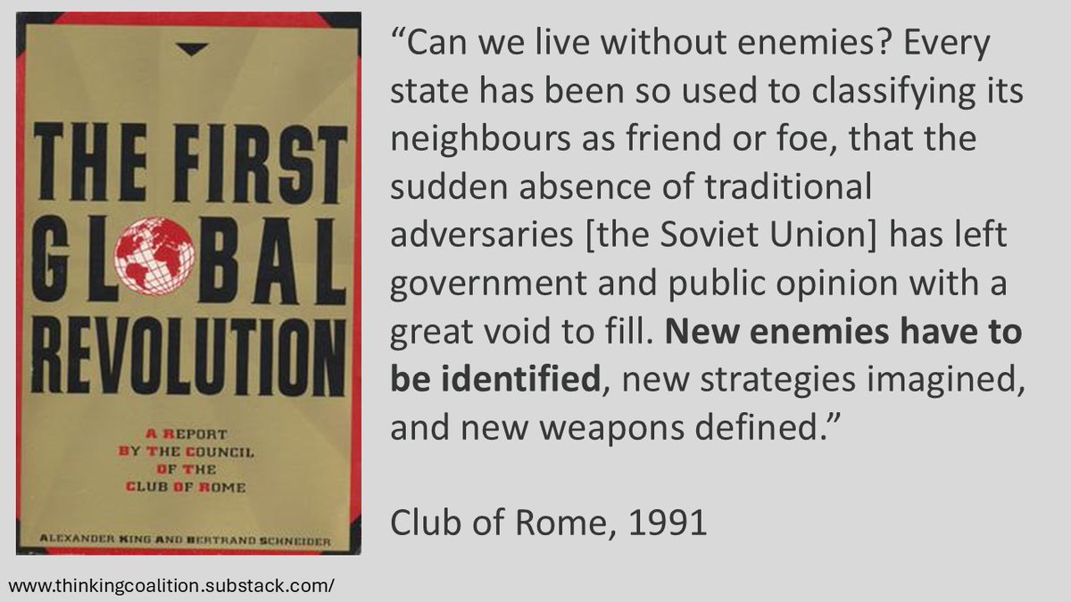 ThinkCoalition's tweet image. In 1991 the globalists in the Club of Rome decided to replace the threat of the Soviet Union with largely fictitious &quot;climate catastrophe&quot;.  The globalists continue to use this playbook to &quot;fight&quot; fake enemies (a coronavirus) or engineered enemies (expansionist Russia).  Each…